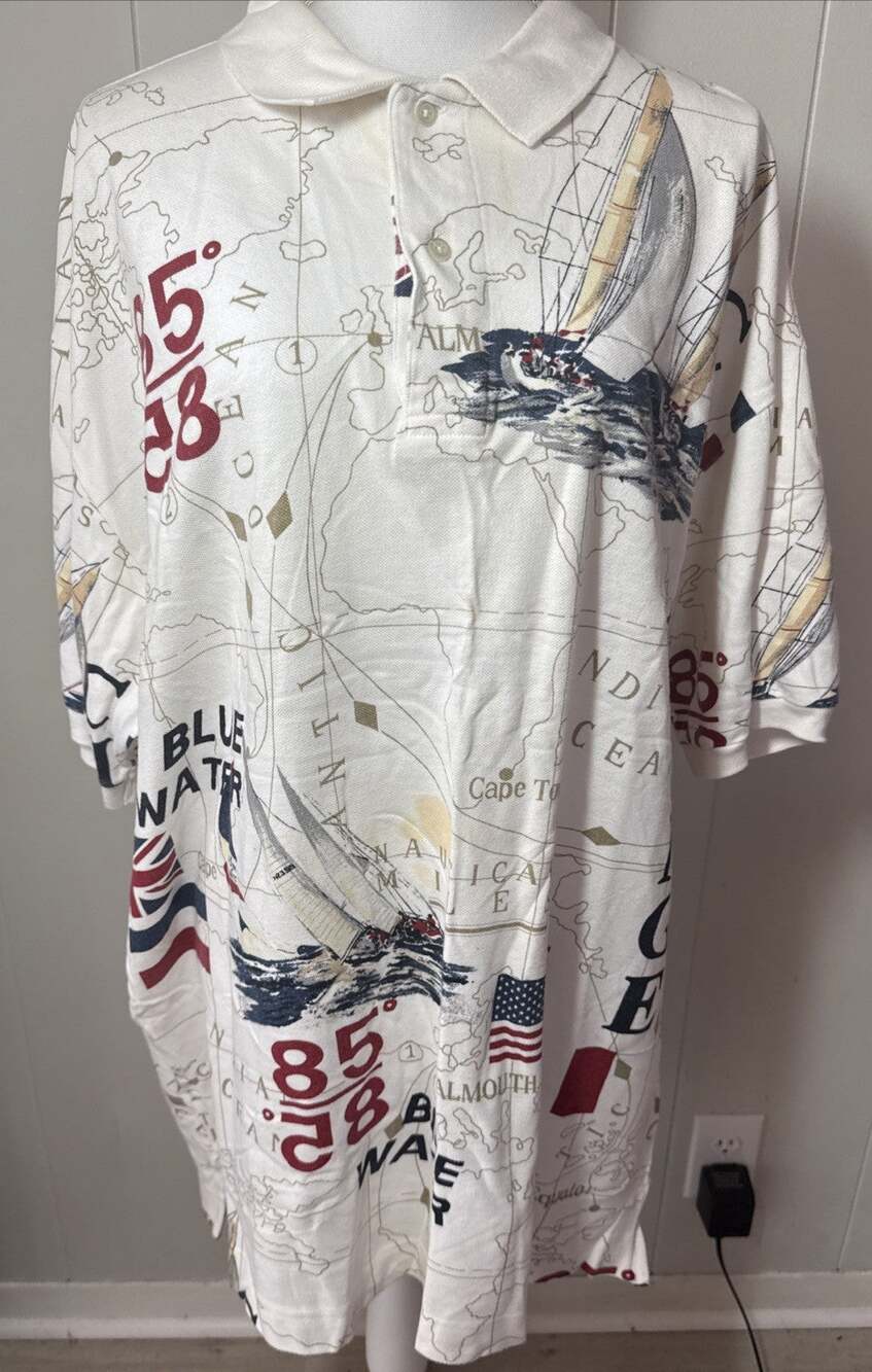 Vintage 90s Nautica Blue Water Challenge All Over Print Polo Shirt Size 2XL SS